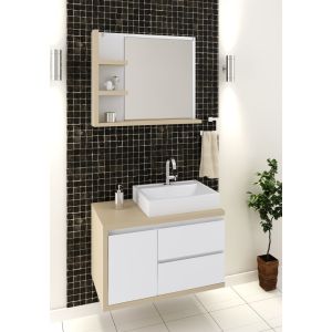Kit Gabinete para Banheiro Suspenso MDF/MDP com Espelheira Marselha Branco/Nude 80cm C-Linea