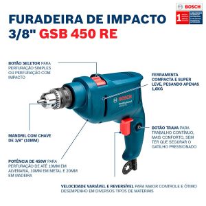 Furadeira de Impacto 3/8'' GSB450-RE 450W Bosch