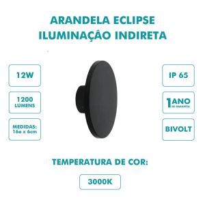 Arandela Externa LED 12W 3000K Eclipse II Preto Luz Amarela Gaya