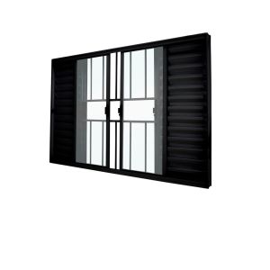 Janela de Correr Veneziana 6 Folhas 2 Fixas com grade 100x100 Preto Fosco CRV