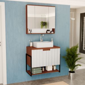 Kit Gabinete para Banheiro Suspenso MDF/MDP com Cuba Newcube Cinamomo 80cm C-Linea