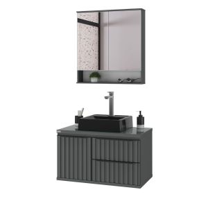 Gabinete para Banheiro MDF/MDP com Tampo Vidro Cecilia Chumbo 78cm C-Linea