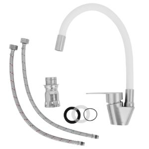 Torneira Misturador Monocomando para Cozinha de Mesa Bica Alta 1/2" Fluir Flex Neo Branca Aço Inox Addra