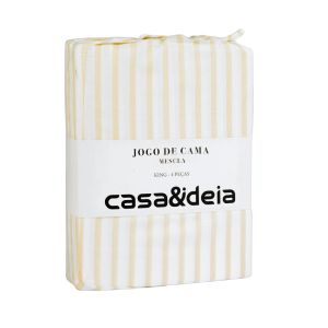 Jogo de Cama King Mescla Branco/Bege Listra Casa&Ideia