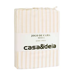 Jogo de Cama Queen Mescla Branco/Bege Listra Casa&Ideia