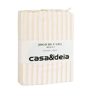 Jogo de Cama Solteiro Mescla Branco/Bege Listra Casa&Ideia