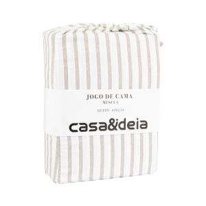 Jogo de Cama Queen Mescla Cinza/Branco Listra Casa&Ideia