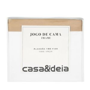 Jogo de Cama Casal 180 Fios Detalhe Branco/Bege Casa&Ideia