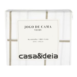 Jogo de Cama King 180 Fios Listras Bege Branco Casa&Ideia