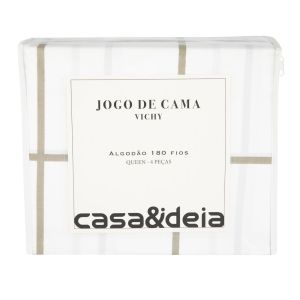 Jogo de Cama Queen 180 Fios Listras Branco Casa&Ideia