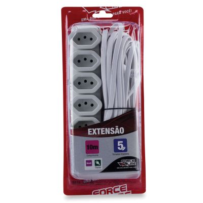 Extensão 10m 3P 5 Tomadas Branco Force Line