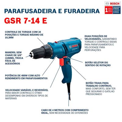 Furadeira Parafusadeira Elétrica GSR 7-14 E 400W Bosch