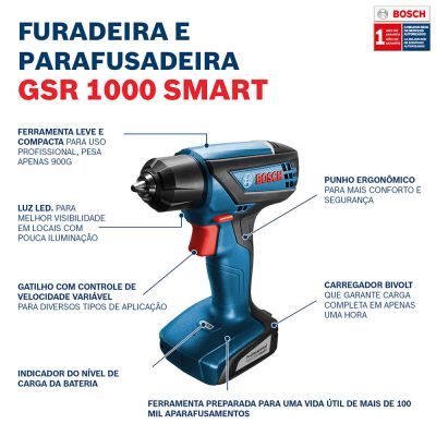 Furadeira Parafusadeira GSR 1000 Bateria 12V Bivolt 1/4" com Maleta Bosch