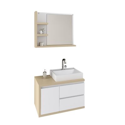 Kit Gabinete para Banheiro Suspenso MDF/MDP com Espelheira Marselha Branco/Nude 80cm C-Linea