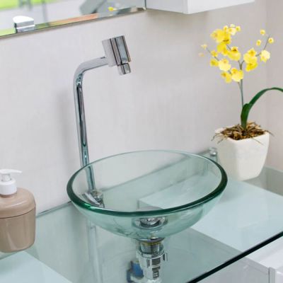 Cuba para Banheiro de Apoio Vidro Redonda Transparente 38cm Court Addra