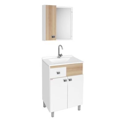 Kit Gabinete para Banheiro MDF/MDP com Tampo Pop Branco/Carvalho 58cm C-Linea
