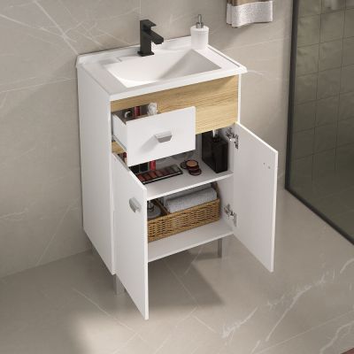 Kit Gabinete para Banheiro MDF/MDP com Tampo Pop Branco/Carvalho 58cm C-Linea