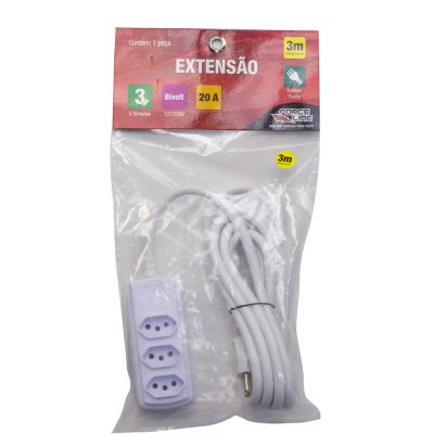 Extensão Reforçada 3m 3P 3 Tomadas Branco Force Line
