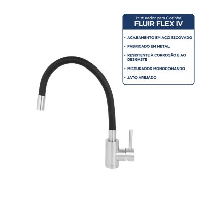 Torneira Misturador Monocomando para Cozinha de Mesa Bica Alta  1/2" Fluir Flex Aço Inox Addra