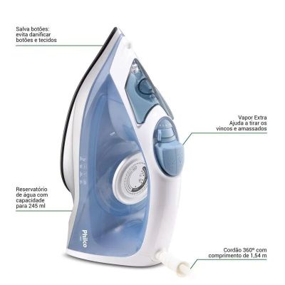 Ferro de Passar Roupa a Vapor 1200w Pfv40 Azul Philco
