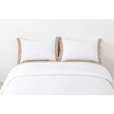Jogo de Cama Casal 180 Fios Detalhe Branco/Bege Casa&Ideia