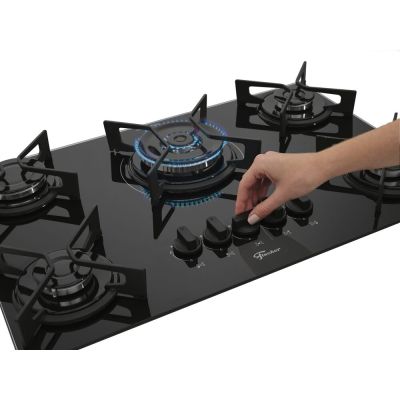 Cooktop a Gás 5 Bocas tripla chana FIT Line Vidro Preto Bivolt Fischer
