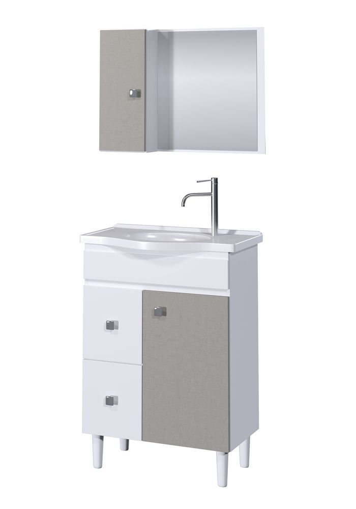 Kit Gabinete para Banheiro MDF com Espelheira e Tampo Rubi Branco/Cinza 60cm C-Linea