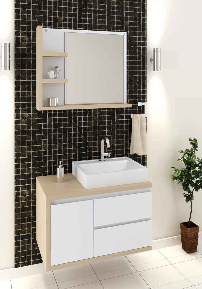 Kit Gabinete para Banheiro Suspenso MDF/MDP com Espelheira Marselha Branco/Nude 80cm C-Linea