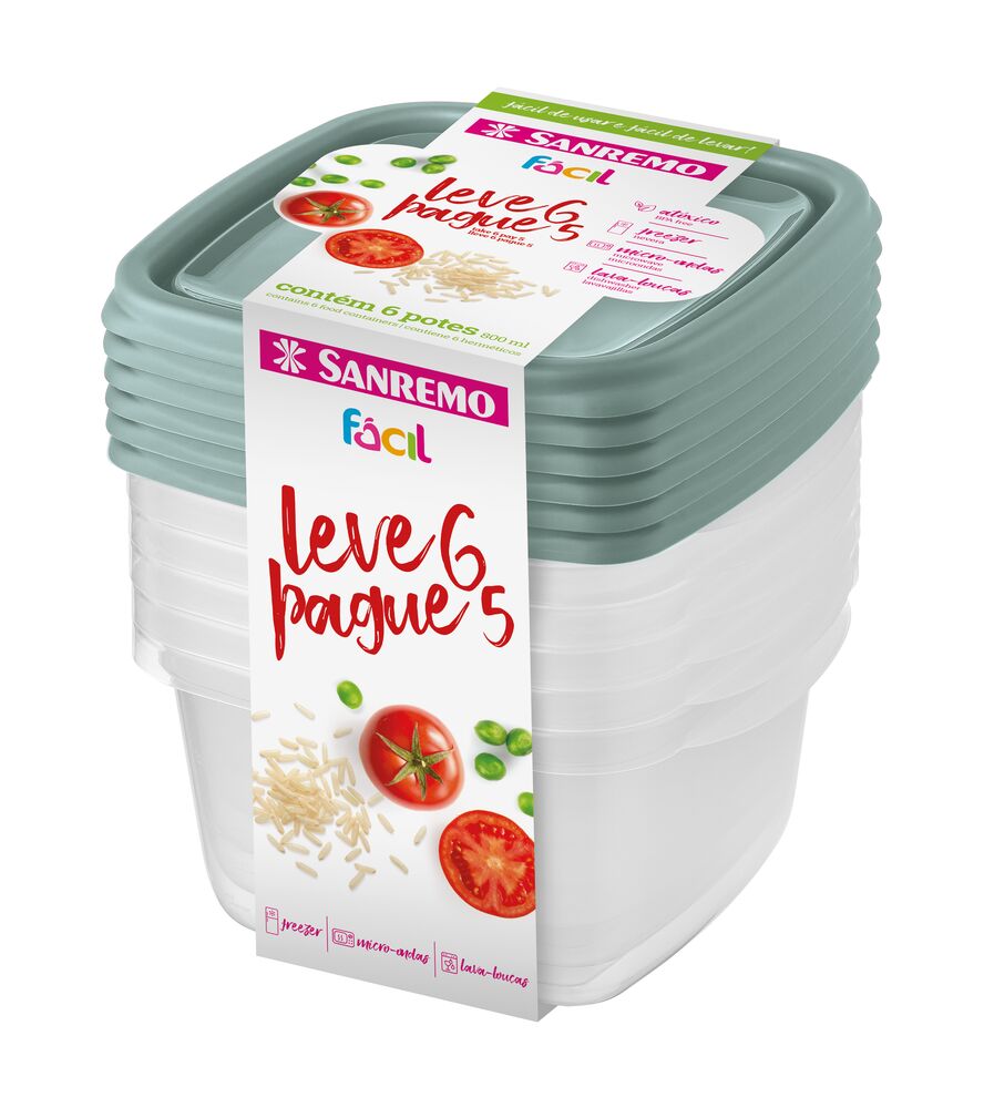Jogo de Potes Fácil Quadrado 800ml Leve 6 pague 5 Sanremo