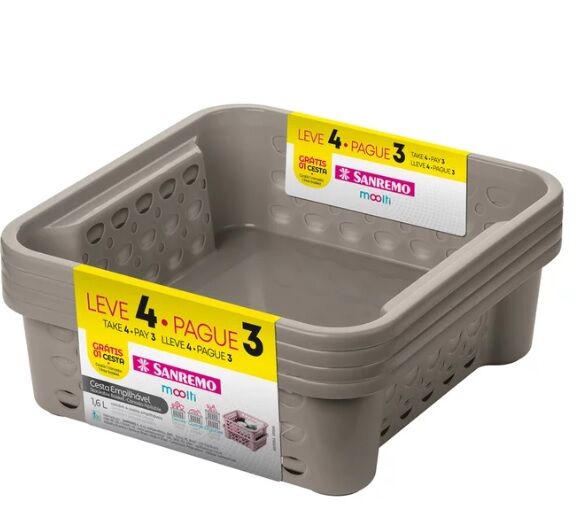 Kit Cestos Plásticos Leve 4 Pague 3 Sanremo 746ml Cinza