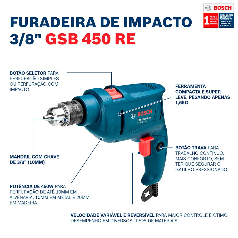 Furadeira de Impacto 3/8'' GSB450-RE 450W Bosch