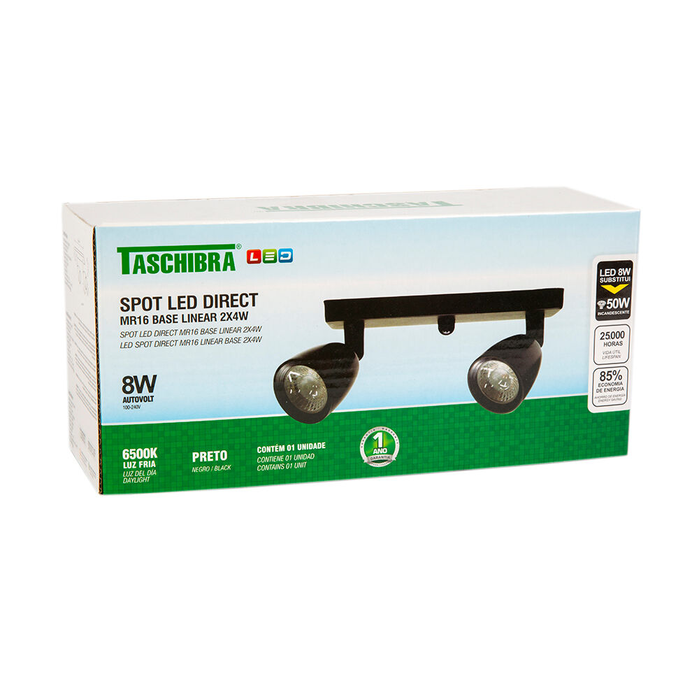 Trilho 2 Lâmpadas LED 8W Direct Linear 6500K Preto Luz Branca Taschibra