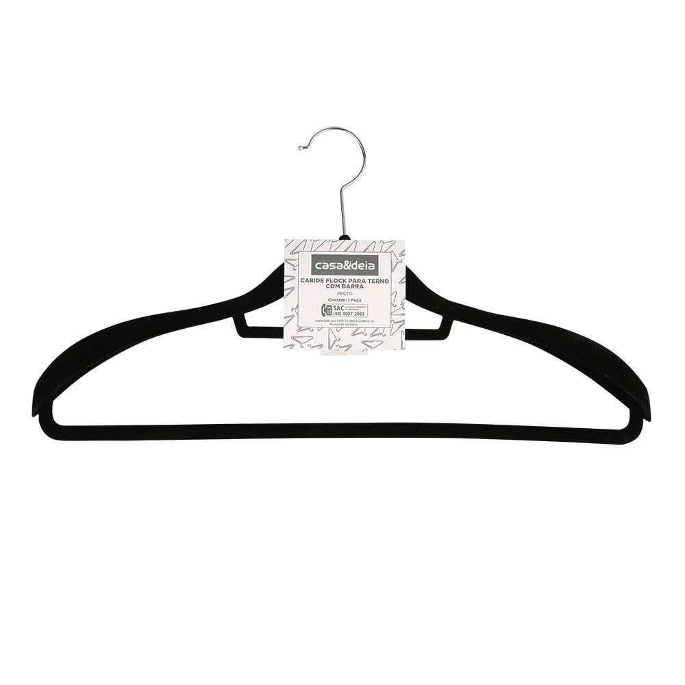 Cabide para Terno Flock com Barra Preto Casa&Ideia