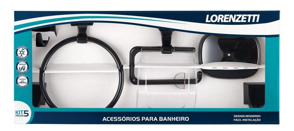 Kit de Acessórios para Banheiro Lorenzetti Quadra Preto 5 Peças