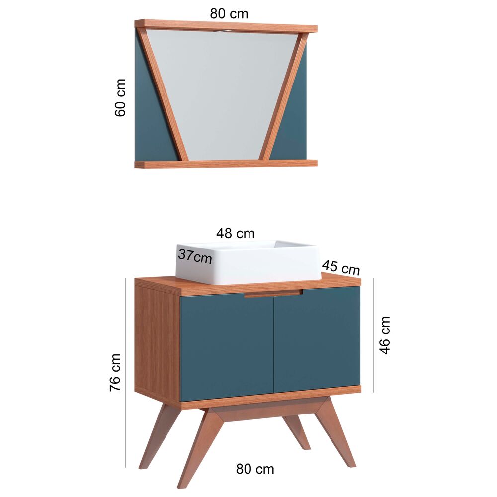 Kit Gabinete para Banheiro MDF/MDP com Cuba Onix Azul Petroleo 80cm C-Linea