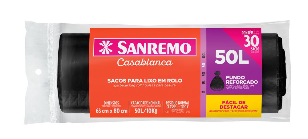 Saco de Lixo Sanremo Rolo 50L 30 Peças