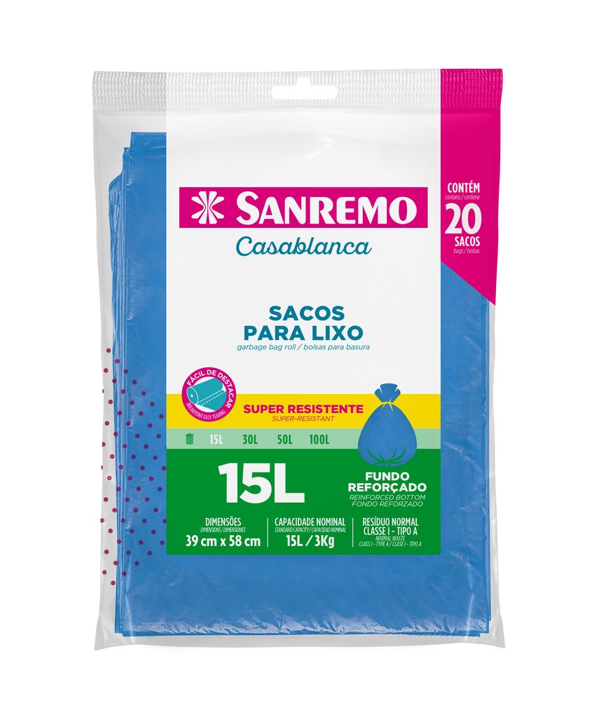 Saco de Lixo Sanremo Reforçado 15L 20 Peças