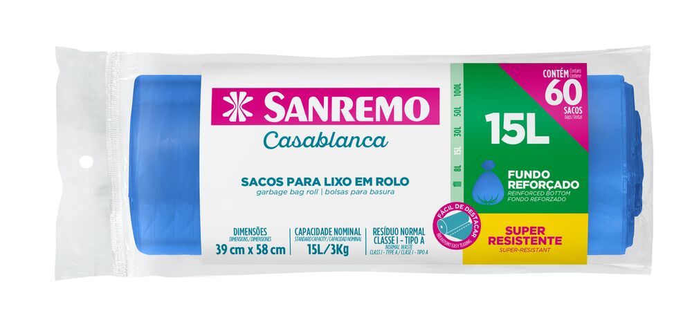 Saco para Lixo Sanremo Reforçado Rolo 15L 60 Peças