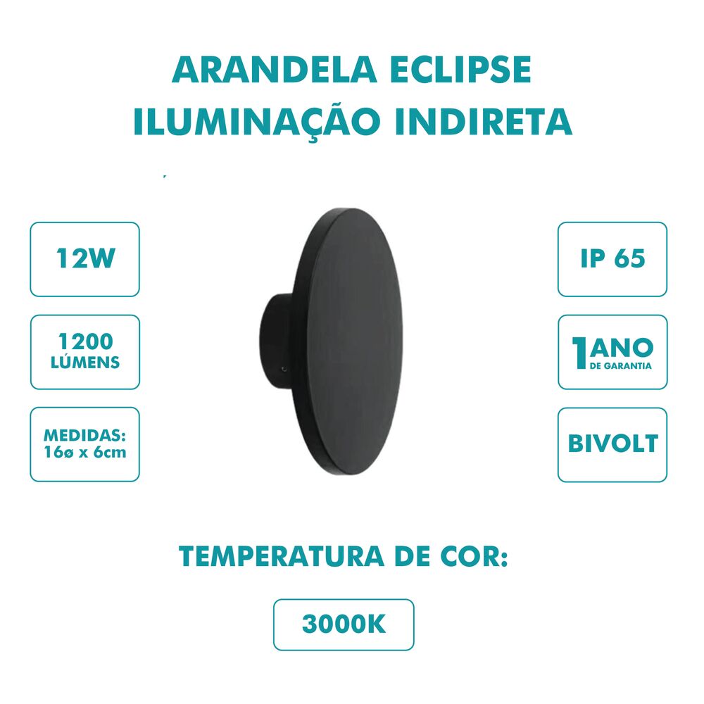 Arandela Externa LED 12W 3000K Eclipse II Preto Luz Amarela Gaya