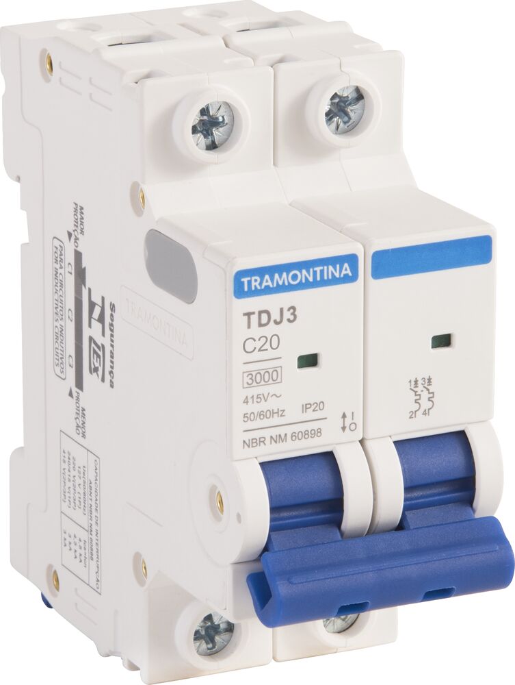 Minidisjuntor TDJ3 20A 3kA curva C Bipolar Branco Tramontina