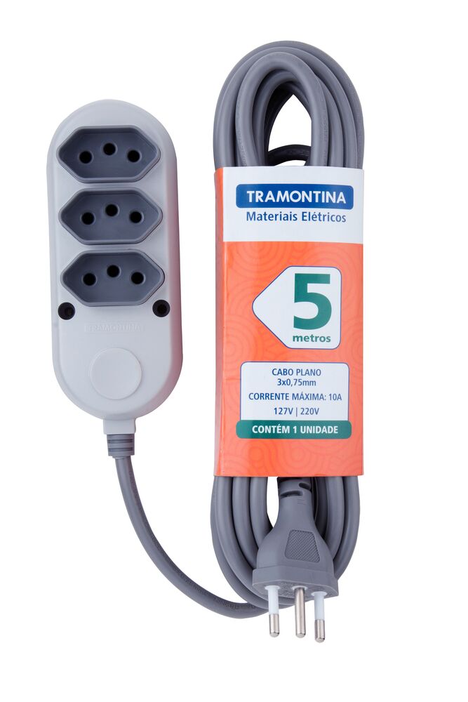 Extensão 5 Metros 3 Tomadas 2 Pinos + Terra 10 Amperes 250 Volts Cinza Claro Tramontina
