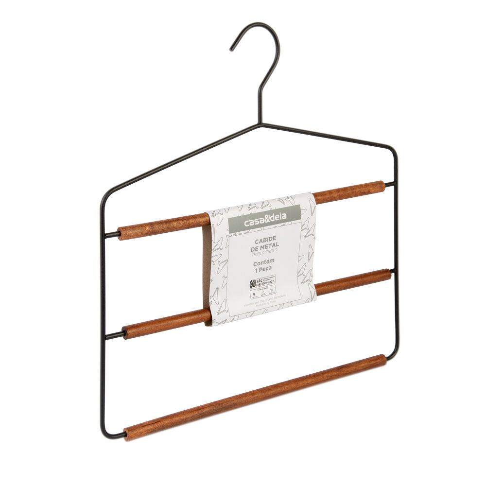 Cabide de Metal 1 Peça Triplo Preto Casa&Ideia