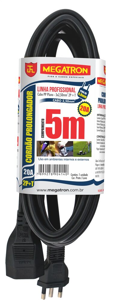 Extensão 3X2,50mmX5,00m PP Plano 20A Preto Megatron