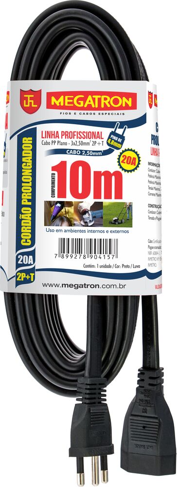Extensão 3X2,50mmX10,00m PP 20A Plano Preto Megatron