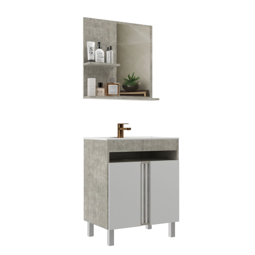 Kit Gabinete para Banheiro MDF/MDP com Cuba Veneza Branco/Concreto 60cm Móveis Sander