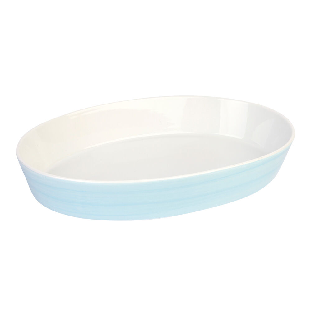 Refratário Oval de Porcelana 39cm Azul e Branco Casa&Ideia
