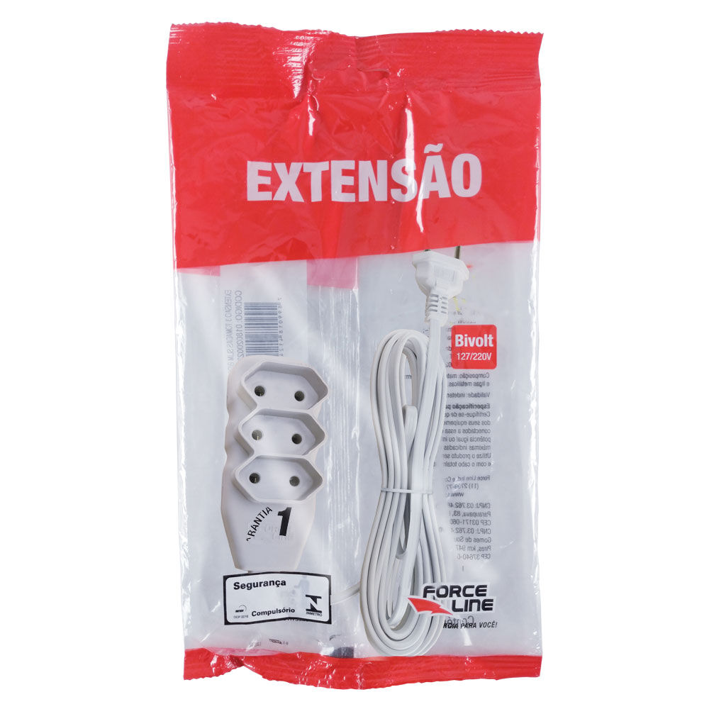 Extensão Slim 5m 3 Tomadas Bipolar Branco Force Line