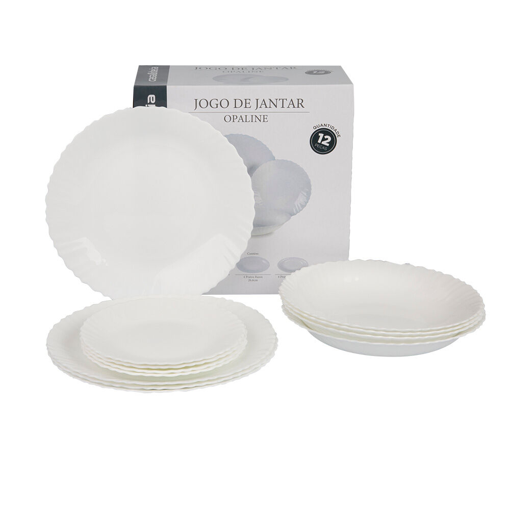 Jogo Jantar 12 Peças Branco Vidro Casa&ideia