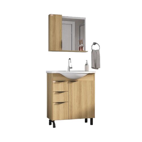 Kit Gabinete para Banheiro MDF/MDP Crystal Carvalho 75cm C-Linea