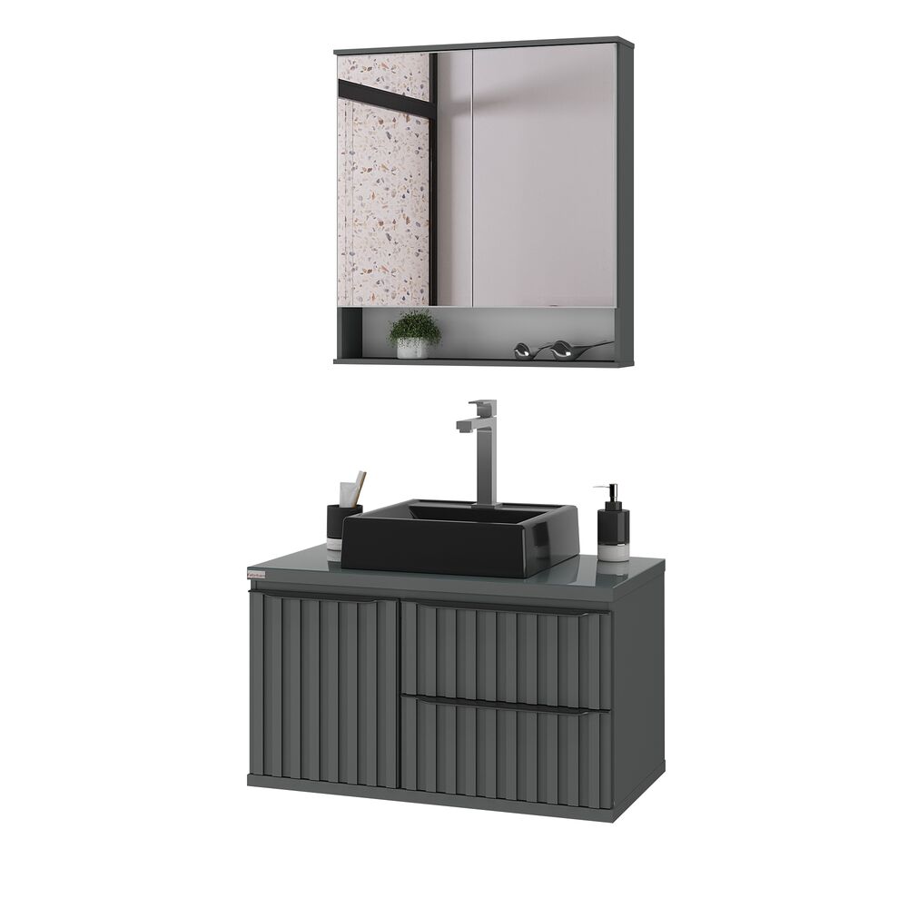 Gabinete para Banheiro MDF/MDP com Tampo Vidro Cecilia Chumbo 78cm C-Linea